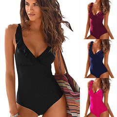 One-Piece V-Neck Ruffled Swimsuit in 4 Colors S-2XL