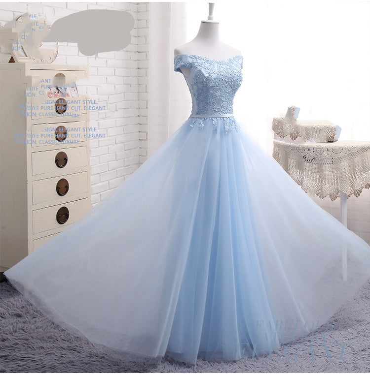 Light Blue Off-the-Shoulder Evening Dress with Lace Bodice in 3 Lengths S-3XL