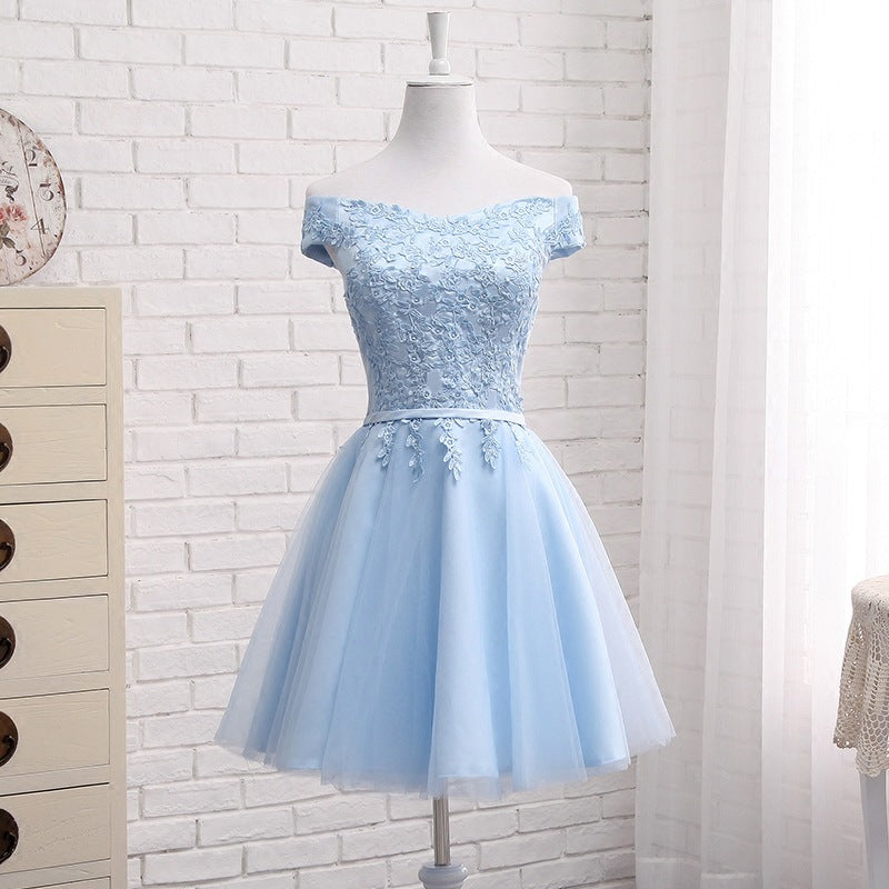 Light Blue Off-the-Shoulder Evening Dress with Lace Bodice in 3 Lengths S-3XL