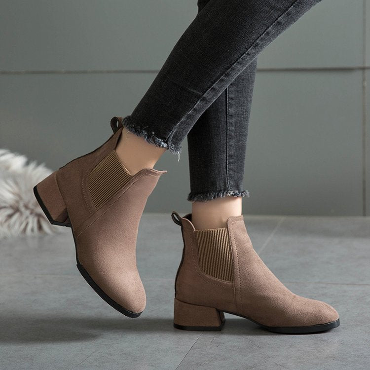 Suede Thick Short Heel Ankle Boots in 2 Colors