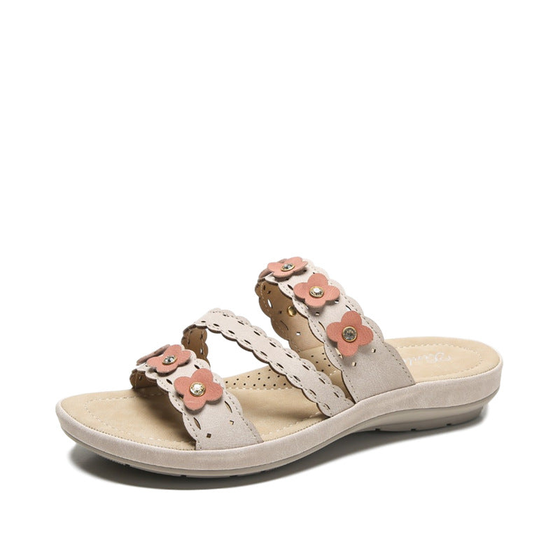 Leather Slip-On Beach Sandals with Flat Heel in 3 Colors