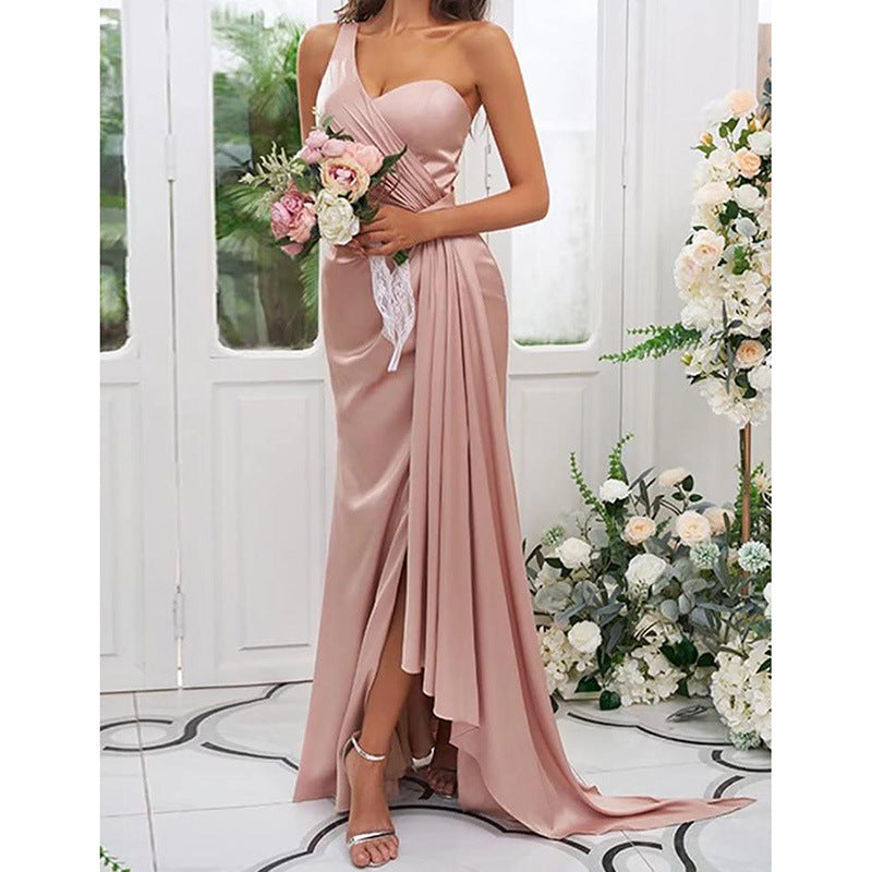 One-Shoulder Sleeveless Backless Evening Gown in 4 Colors Sizes 4-26W