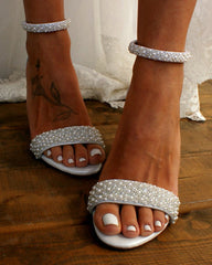 Elegant Open Toe High Heel Shoes with Pearls and Ankle Strap