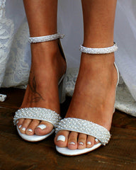 Elegant Open Toe High Heel Shoes with Pearls and Ankle Strap