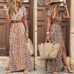 V-Ausschnitt Kurzarm Paisley Print Bohemian Maxikleid in 2 Farben S-3XL