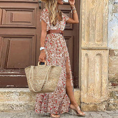 V-Ausschnitt Kurzarm Paisley Print Bohemian Maxikleid in 2 Farben S-3XL
