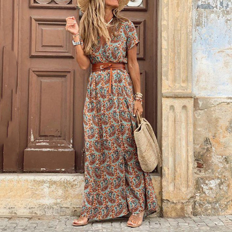 V-Ausschnitt Kurzarm Paisley Print Bohemian Maxikleid in 2 Farben S-3XL