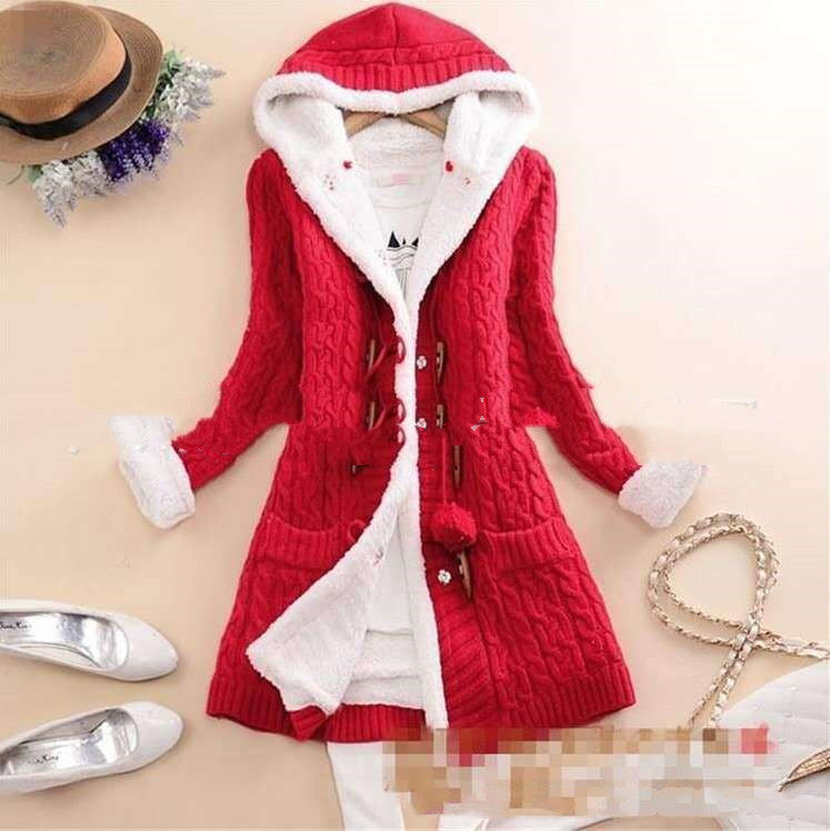 Plush Hooded Knit Cardigan Coat with Buttons and Pockets in 6 Colors S-5XL