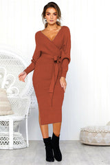 Long Sleeve V-Neck Sweater Dress with Waist Tie