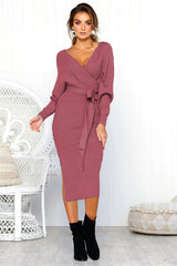 Long Sleeve V-Neck Sweater Dress with Waist Tie
