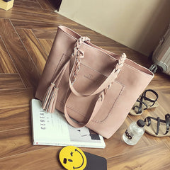 Large Solid Color Shoulder Bag Tote with Tassels