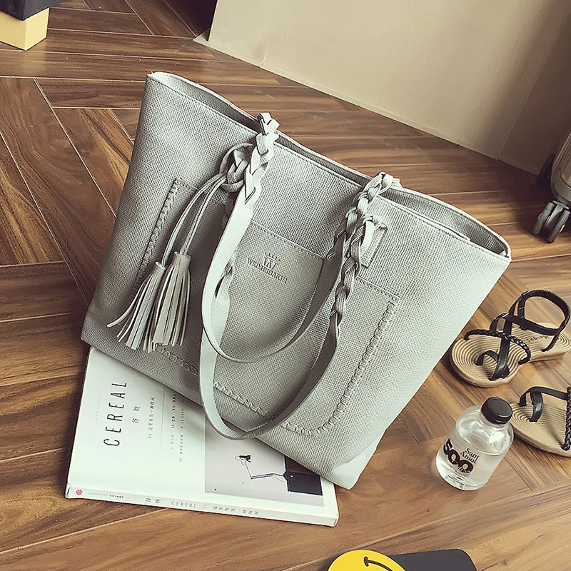 Large Solid Color Shoulder Bag Tote with Tassels