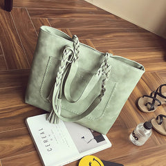 Large Solid Color Shoulder Bag Tote with Tassels