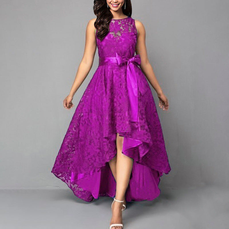 Robe de soirée sans manches en dentelle avec ourlet asymétrique et lien à la taille, disponible en 5 couleurs (S-5XL)