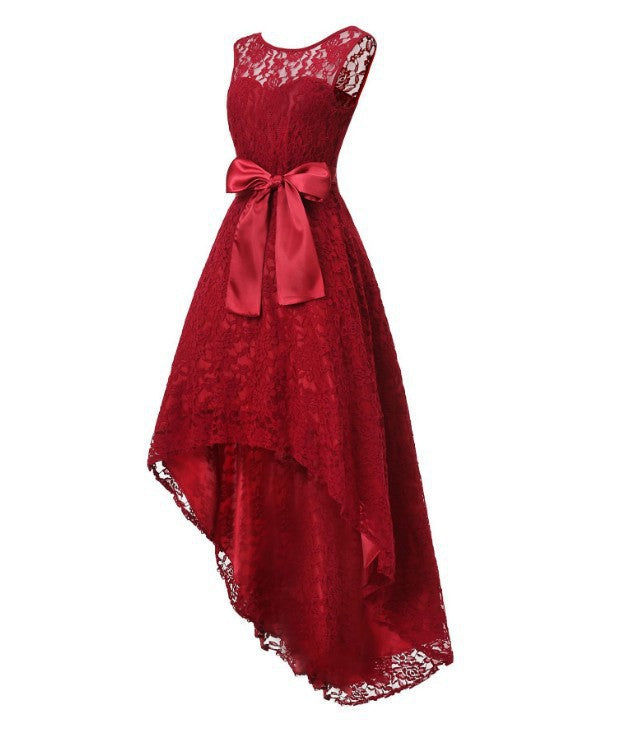 Robe de soirée sans manches en dentelle avec ourlet asymétrique et lien à la taille, disponible en 5 couleurs (S-5XL)
