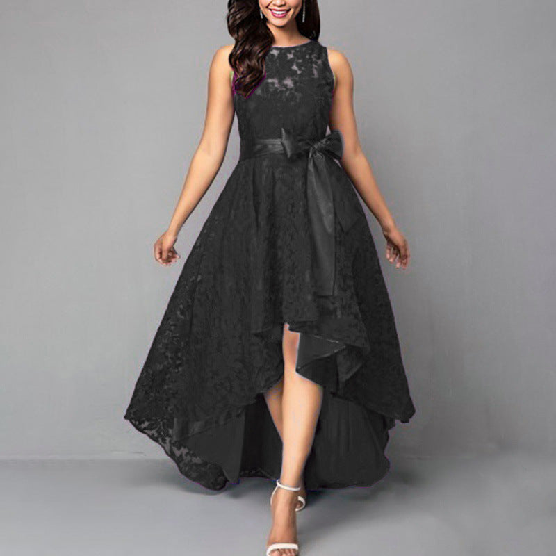 Robe de soirée sans manches en dentelle avec ourlet asymétrique et lien à la taille, disponible en 5 couleurs (S-5XL)