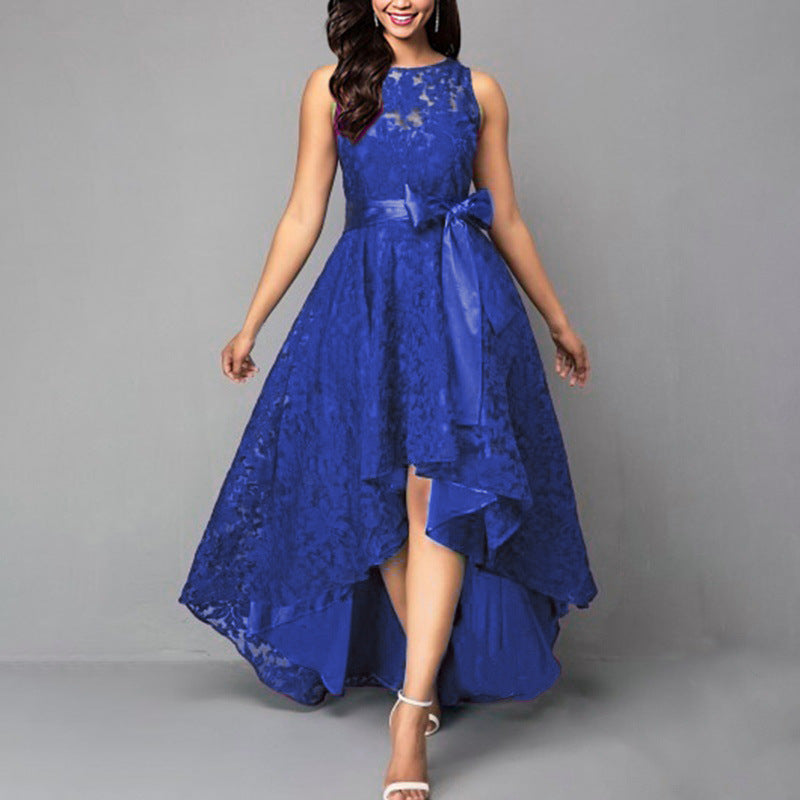 Robe de soirée sans manches en dentelle avec ourlet asymétrique et lien à la taille, disponible en 5 couleurs (S-5XL)