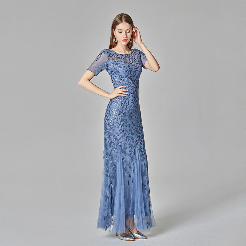 Elegant Short Sleeve Evening Gown with Chiffon and Lace Overlay