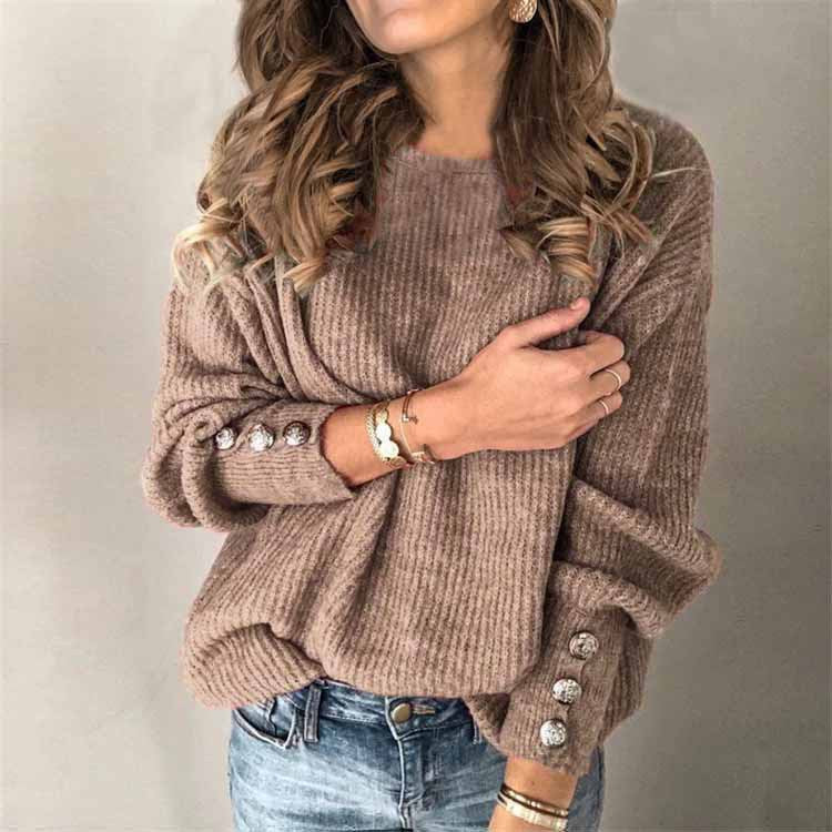 Long Sleeve Round Neck Knit Sweater with Buttons in 9 Colors S-5XL