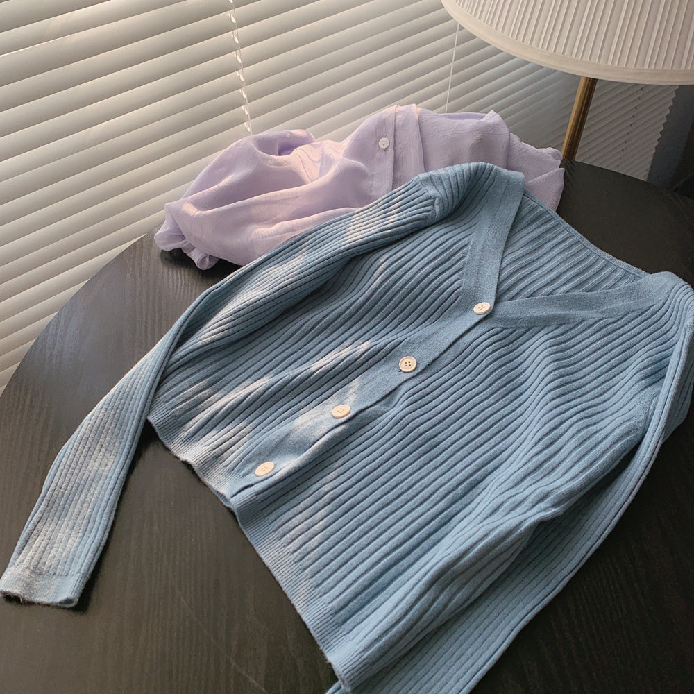 Knit Cardigan with Buttons and Long Sleeves in 12 Colors S-L