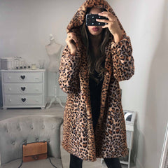 Mid-Length Leopard Print Fake Fur Hooded Coat S-3XL