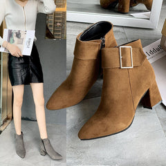 Suede Block Heel Ankle Boots with Pointed Toe