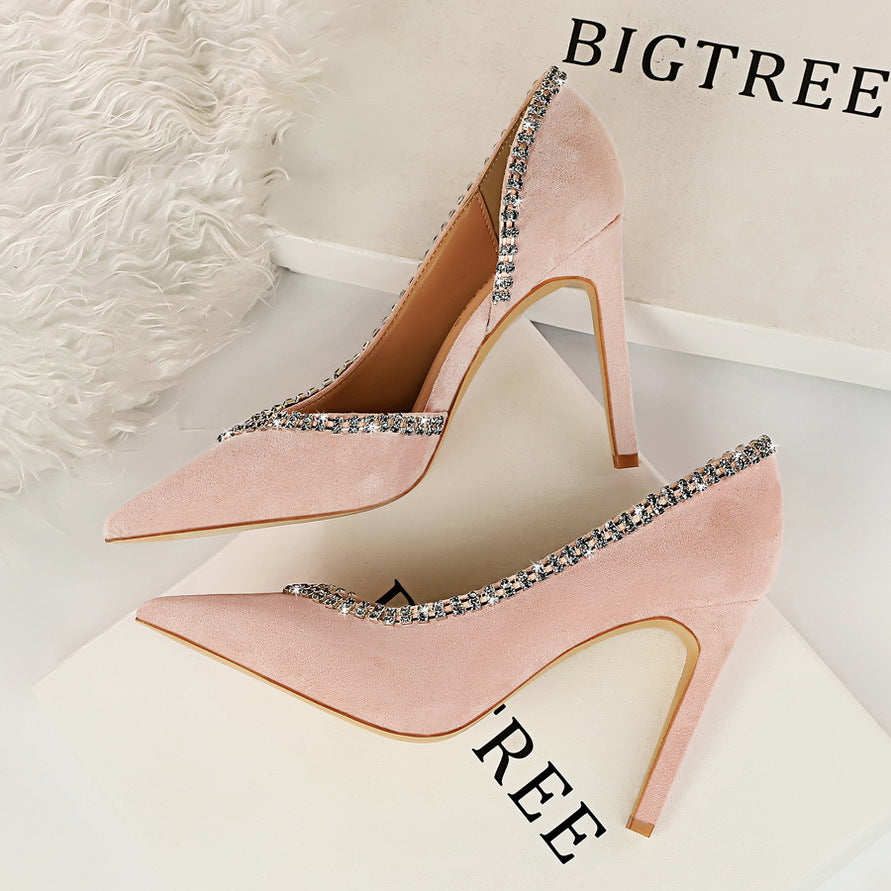 Wildleder High Heels mit spitzer Spitze und Strass in 6 Farben