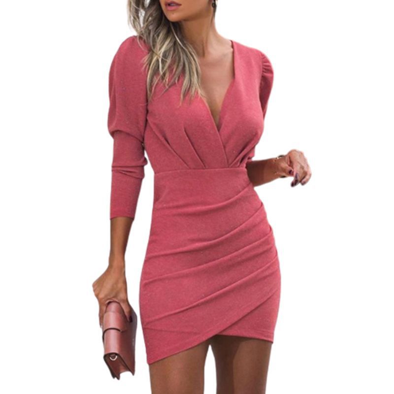Wickelkleid mit V-Ausschnitt und langen Ärmeln in 4 Farben S-XXL
