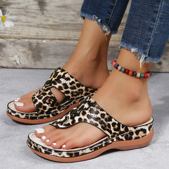 PU Leather Thong Roman Sandals with Wedge Heel