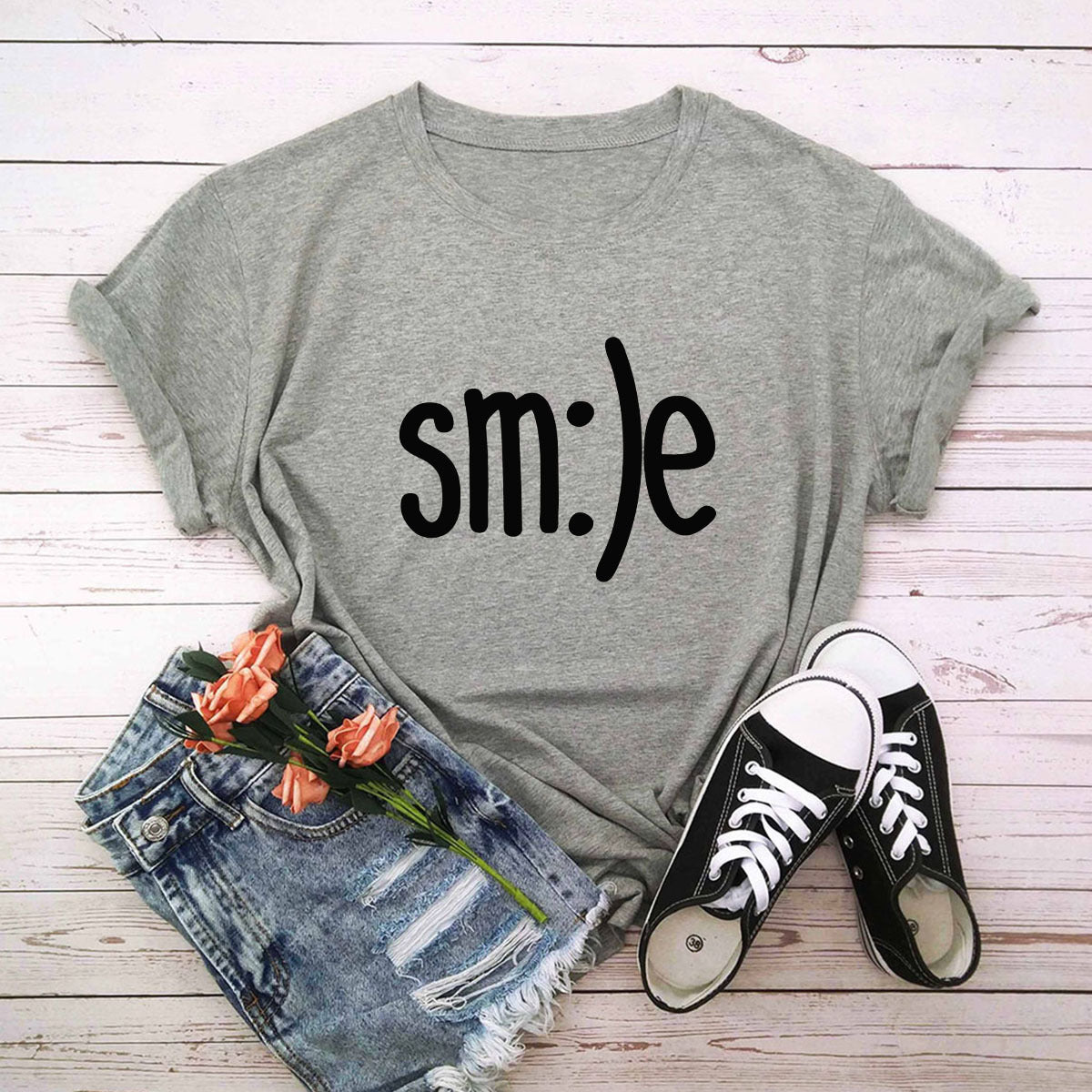 Smile Printed Short Sleeve Cotton Top in 12 Colors S-5XL