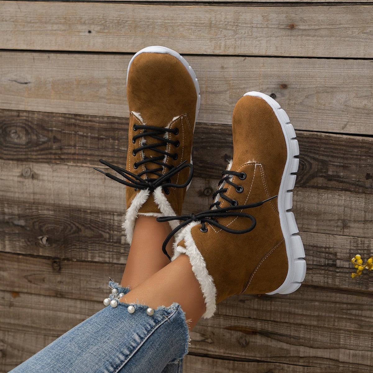 Lace-Up Flat Sole Plush Ankle Boots