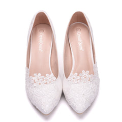 White Short Stiletto Heel Wedding Shoes with Pointed Toe and Lace Flowers