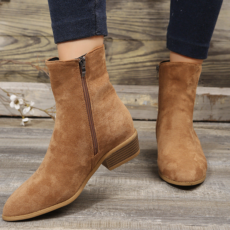 Suede Pointed Toe Low Heel Ankle Boots