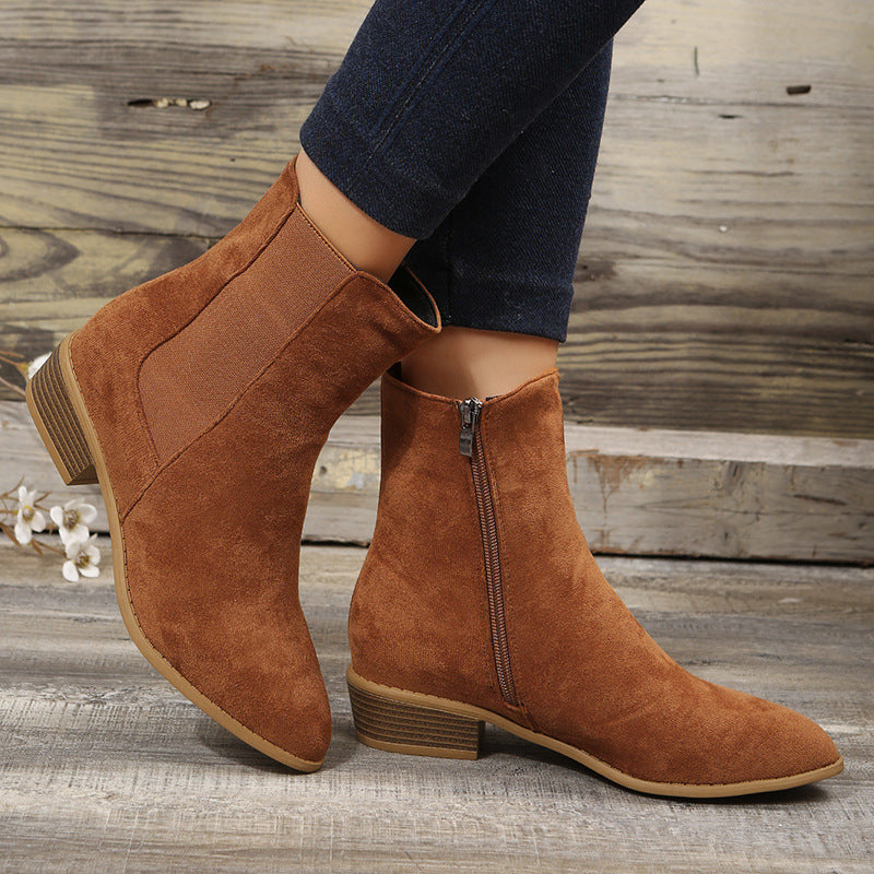 Suede Pointed Toe Low Heel Ankle Boots