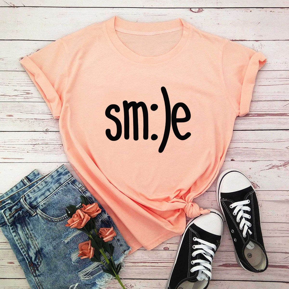 Smile Printed Short Sleeve Cotton Top in 12 Colors S-5XL