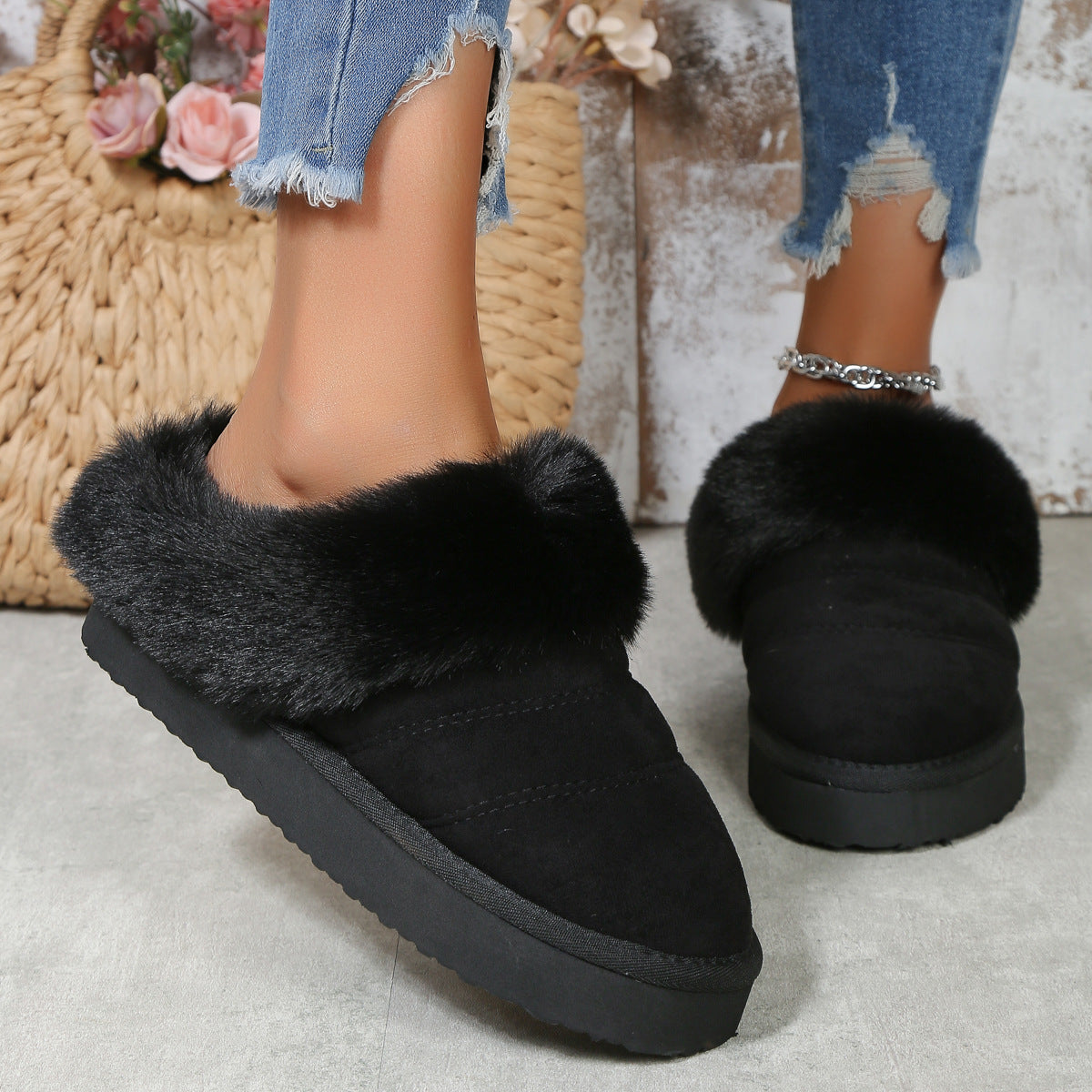 Fleece-Lined Platform Slippers