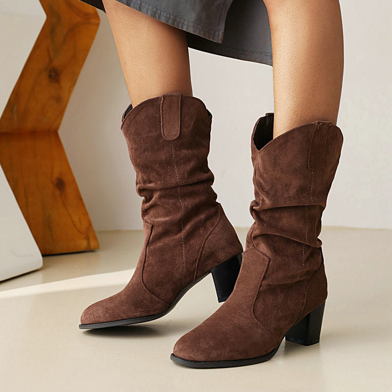 Suede Chunky Heel Mid-Calf Boots in 4 Colors
