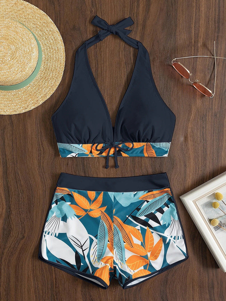 Two Piece Tropical Print Boy Shorts Swimsuit in 6 Colors S-3XL