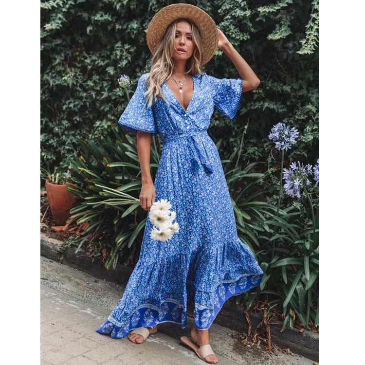 Bohemian V-Neck Short Sleeve Maxi Dress