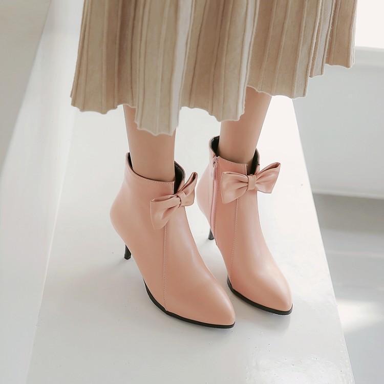 Fashion Ankle Boots with Zipper and Decorative Bow in 3 Colors