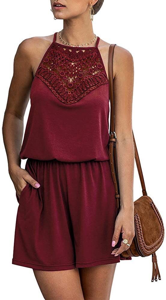 Sleeveless Halter Neck Romper with Lace Panel and Pockets