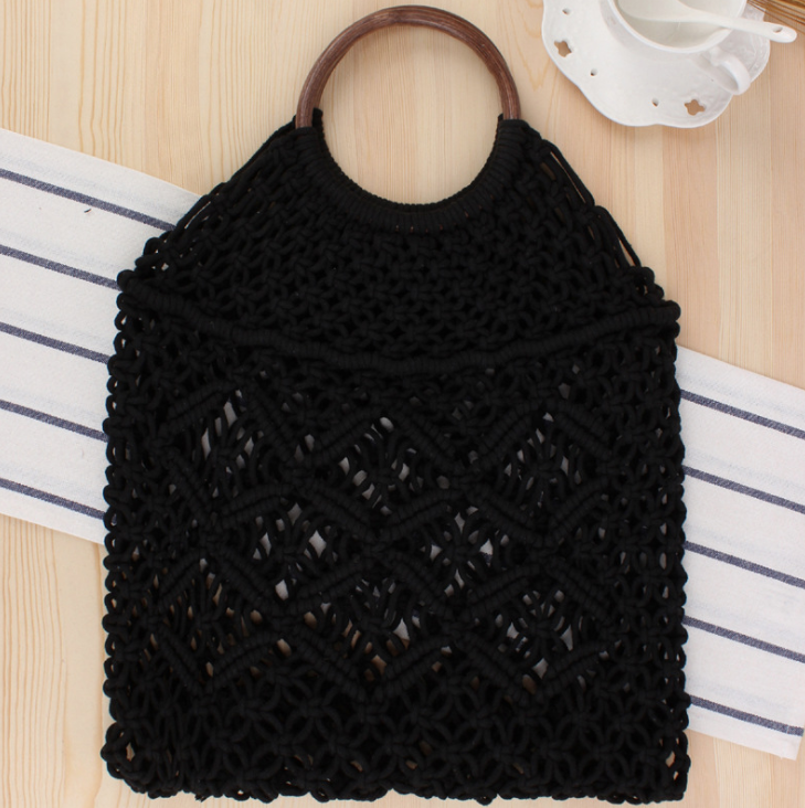 Macrame  Handbag with Wooden Ring Handle