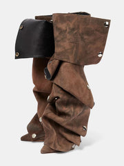 Studded Ruched Stacked Heel Long Boots