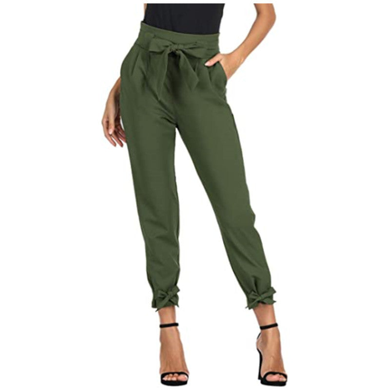 High Waisted Cuffed Pants with Pockets and Bows