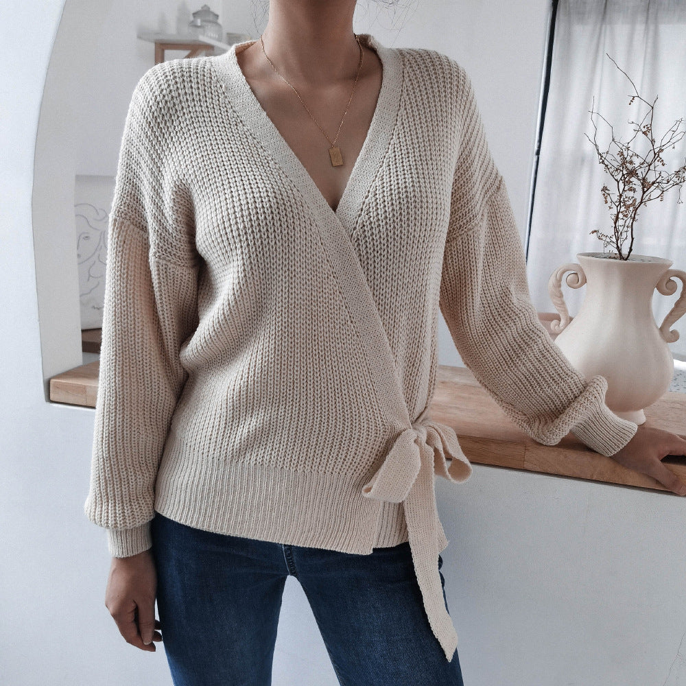 V-Neck Long Sleeve Wrap Knit Sweater with Waist Tie in 4 Colors S-XL