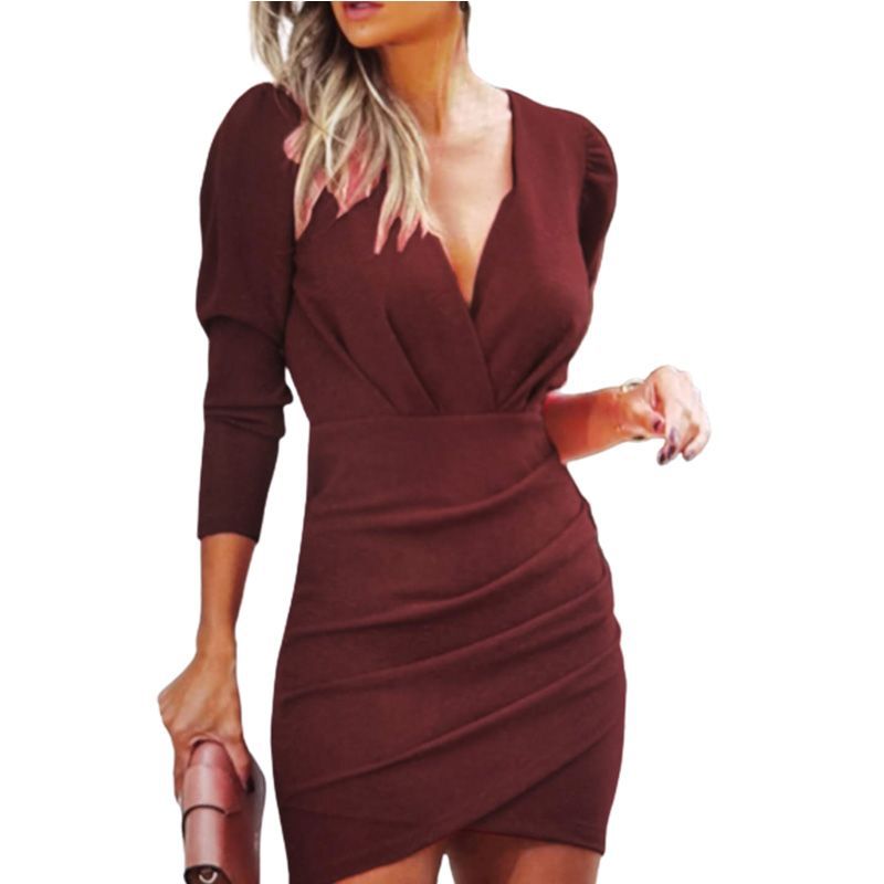 Wickelkleid mit V-Ausschnitt und langen Ärmeln in 4 Farben S-XXL