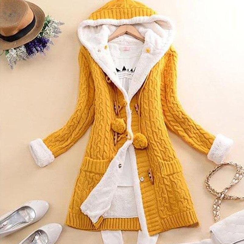 Plush Hooded Knit Cardigan Coat with Buttons and Pockets in 6 Colors S-5XL