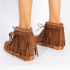 Suede Lace-Up Moccasins with Fringe and Thick Sole in 3 Colors