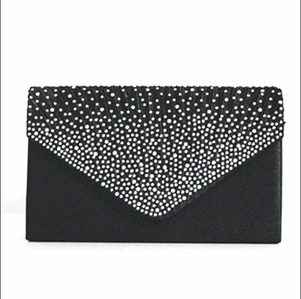 Elegant Satin Evening Bag with Rhinestones and Shoulder Chain in 2 Colors