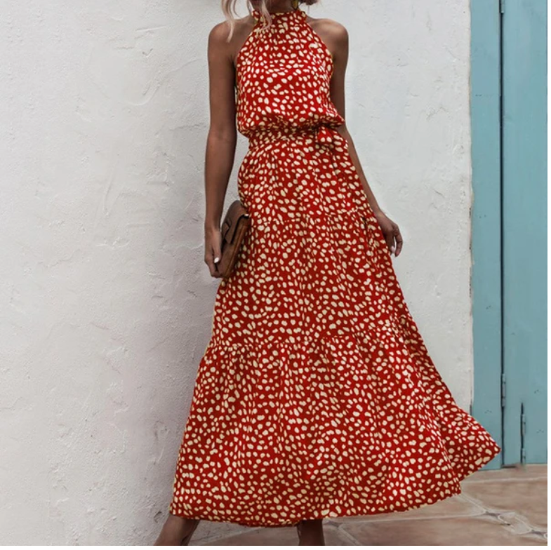 Sleeveless Halter Neck Maxi Dress with Waist Tie in 10 Colors S-XL